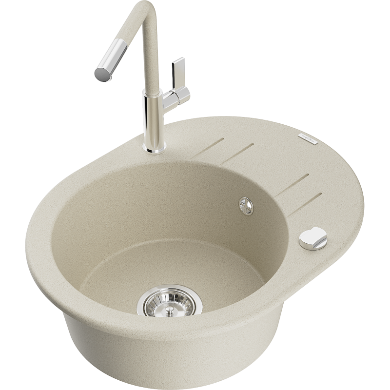 Mexen Kevin Granitspüle 1-beckig mit Abtropffläche und Küchenarmatur Flora, beige - 6517-69-670401-09