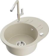 Mexen Kevin Granitspüle 1-beckig mit Abtropffläche und Küchenarmatur Flora, beige - 6517-69-670401-09