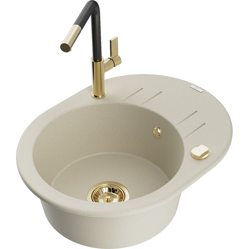 Mexen Kevin Granitspüle ein Becken mit Abtropffläche und Küchenarmatur Flora, beige - 6517-69-670401-57-G