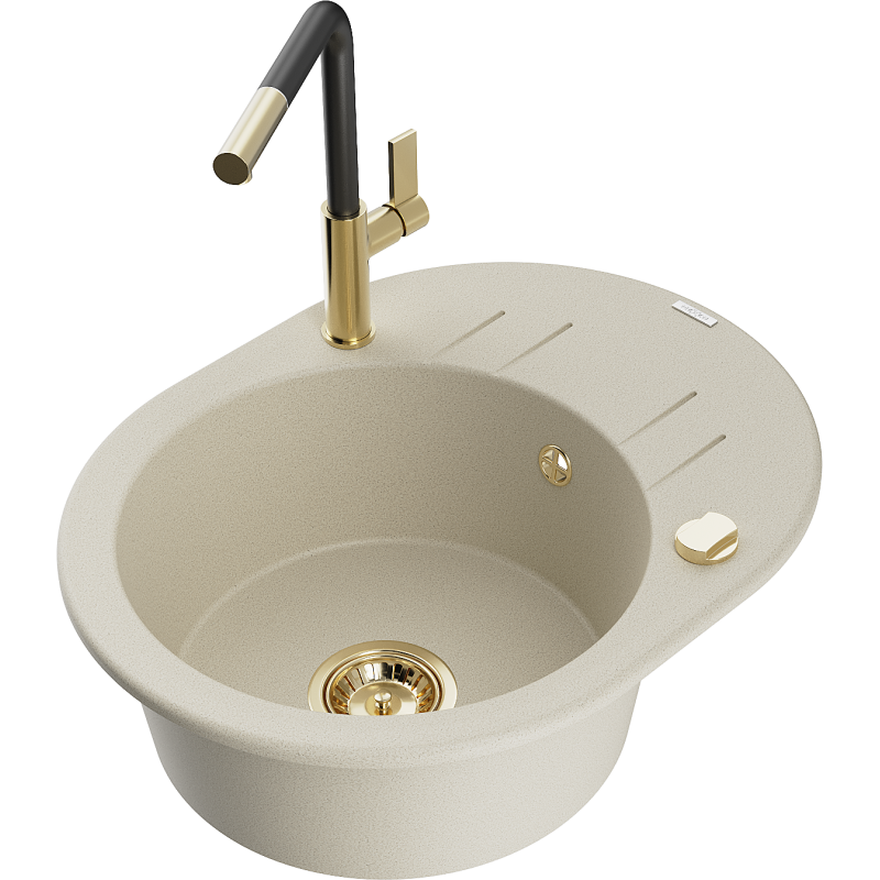 Mexen Kevin Granitspüle einteilig mit Abtropffläche und Küchenarmatur Flora, beige - 6517-69-670401-57-G