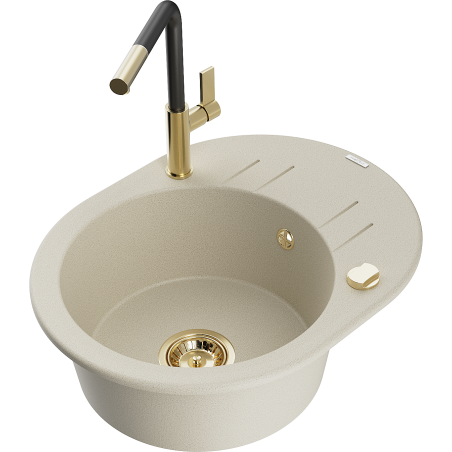 Mexen Kevin Granitspüle ein Becken mit Abtropffläche und Küchenarmatur Flora, beige - 6517-69-670401-57-G
