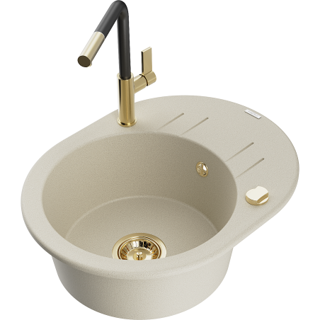 Mexen Kevin Granitspüle einteilig mit Abtropffläche und Küchenarmatur Flora, beige - 6517-69-670401-57-G
