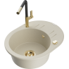 Mexen Kevin Granitspüle einteilig mit Abtropffläche und Küchenarmatur Flora, beige - 6517-69-670401-57-G