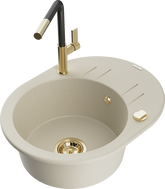 Mexen Kevin Granitspüle einteilig mit Abtropffläche und Küchenarmatur Flora, beige - 6517-69-670401-57-G