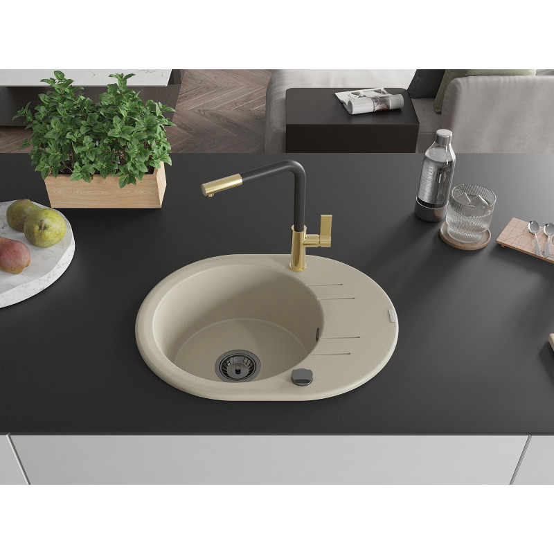 Mexen Kevin Granitspüle 1-beckig mit Abtropffläche und Küchenarmatur Flora, beige - 6517-69-670401-57-B