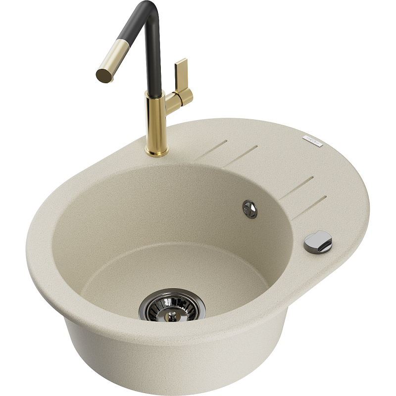 Mexen Kevin Granitspüle 1-beckig mit Abtropffläche und Küchenarmatur Flora, beige - 6517-69-670401-57-B