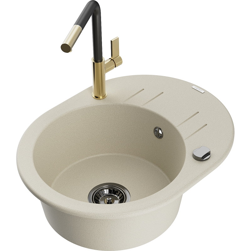 Mexen Kevin Granitspüle 1-Kammer mit Abtropffläche und Küchenarmatur Flora, beige - 6517-69-670401-57-B