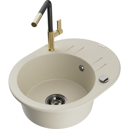 Mexen Kevin Granitspüle 1-Becken mit Abtropffläche und Küchenarmatur Flora, beige - 6517-69-670401-57-B