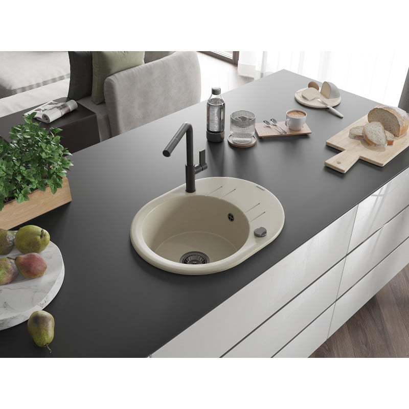 Mexen Kevin Granitspüle 1-Becken mit Abtropffläche und Küchenarmatur Flora, beige - 6517-69-670401-70-B