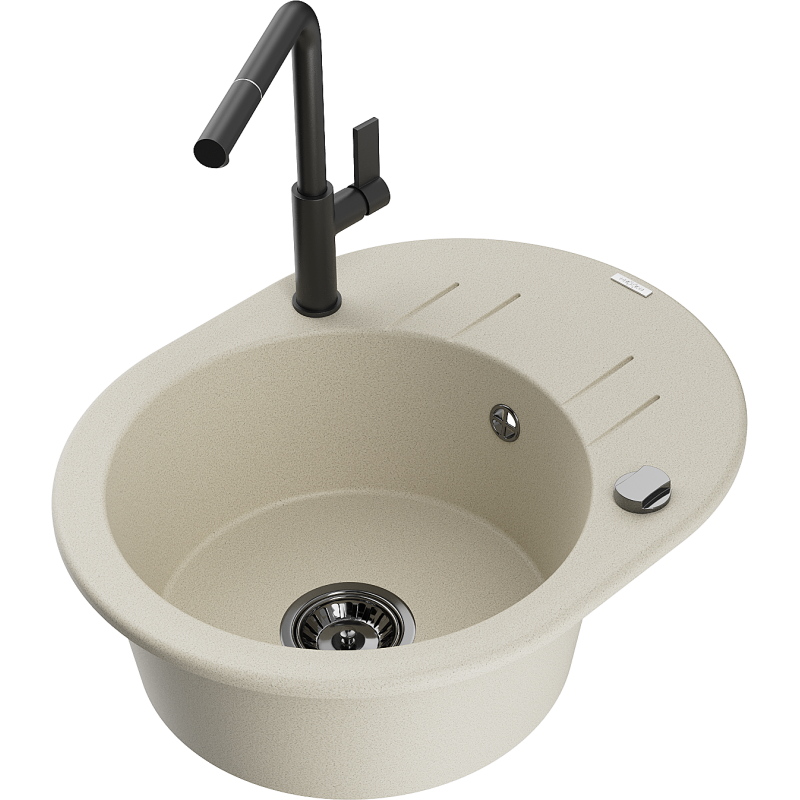 Mexen Kevin Granitspüle 1-Becken mit Abtropffläche und Küchenarmatur Flora, beige - 6517-69-670401-70-B