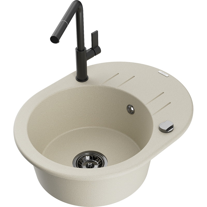 Mexen Kevin Granitspüle 1-beckig mit Abtropffläche und Küchenarmatur Flora, beige - 6517-69-670401-70-B