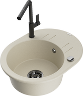 Mexen Kevin Granitspüle 1-Becken mit Abtropffläche und Küchenarmatur Flora, beige - 6517-69-670401-70-B