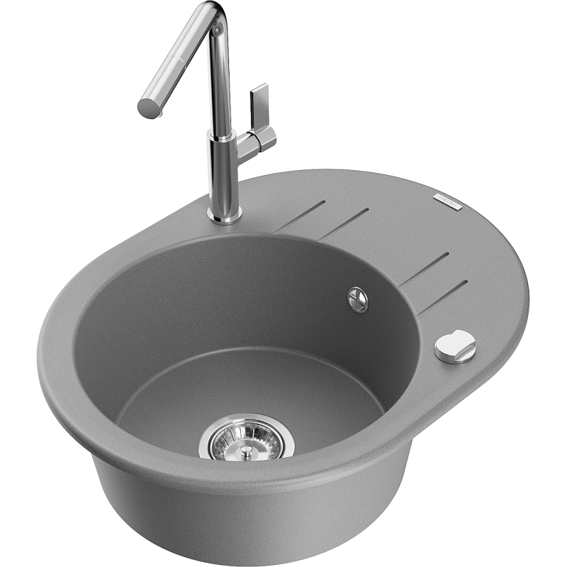 Mexen Kevin Granitspüle 1-Becken mit Abtropffläche und Küchenarmatur Flora, grau - 6517-71-670401-00