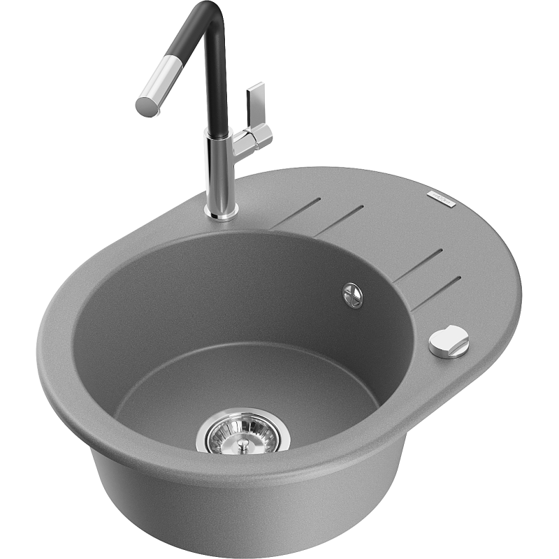 Mexen Kevin Granitspüle 1-Becken mit Abtropffläche und Küchenarmatur Flora, grau - 6517-71-670401-07