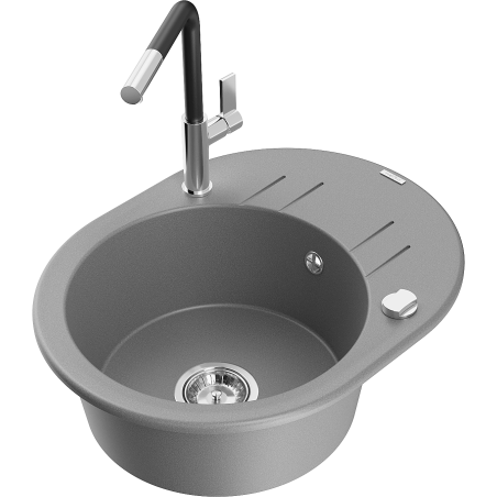 Mexen Kevin Granitspüle 1-Becken mit Abtropffläche und Küchenarmatur Flora, grau - 6517-71-670401-07