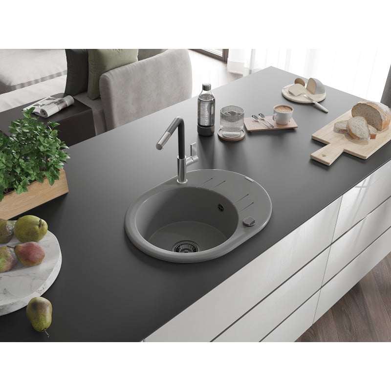 Mexen Kevin Granitspüle 1-Becken mit Abtropffläche und Küchenarmatur Flora, grau - 6517-71-670401-07-B