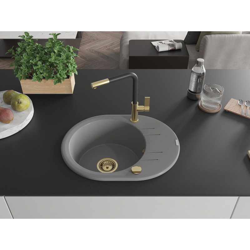 Mexen Kevin Granitspüle 1-Becken mit Abtropffläche und Küchenarmatur Flora, grau - 6517-71-670401-57-G