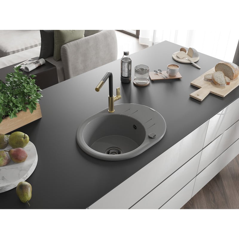 Mexen Kevin granitspüle 1-kammer mit Abtropffläche und Küchenarmatur Flora, grau - 6517-71-670401-57-B