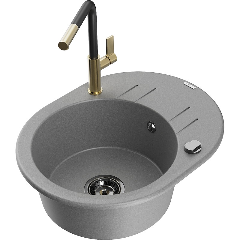 Mexen Kevin Granitspüle 1-becken mit Abtropffläche und Küchenarmatur Flora, grau - 6517-71-670401-57-B