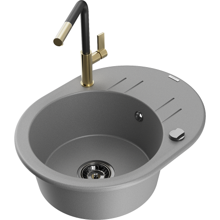 Mexen Kevin Granitspüle 1-becken mit Abtropffläche und Küchenarmatur Flora, grau - 6517-71-670401-57-B