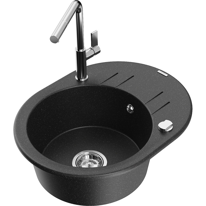 Mexen Kevin Granitspüle 1-Becken mit Abtropffläche und Küchenarmatur Flora, schwarz/silbermetallic - 6517-73-670401-00