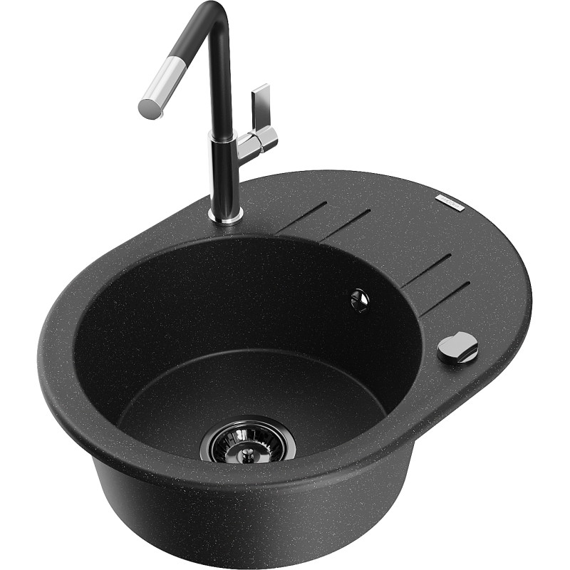 Mexen Kevin Granitspüle 1-Becken mit Abtropffläche und Küchenarmatur Flora, schwarz/silber metallic - 6517-73-670401-07-B