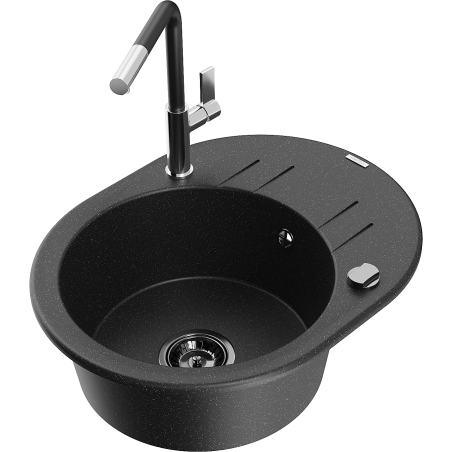 Mexen Kevin Granitspüle 1-Becken mit Abtropffläche und Küchenarmatur Flora, schwarz/silber metallic - 6517-73-670401-07-B