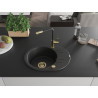 Mexen Kevin Granitspüle 1-Becken mit Abtropffläche und Küchenarmatur Flora, schwarz/silberner Metallic - 6517-73-670401-57-G