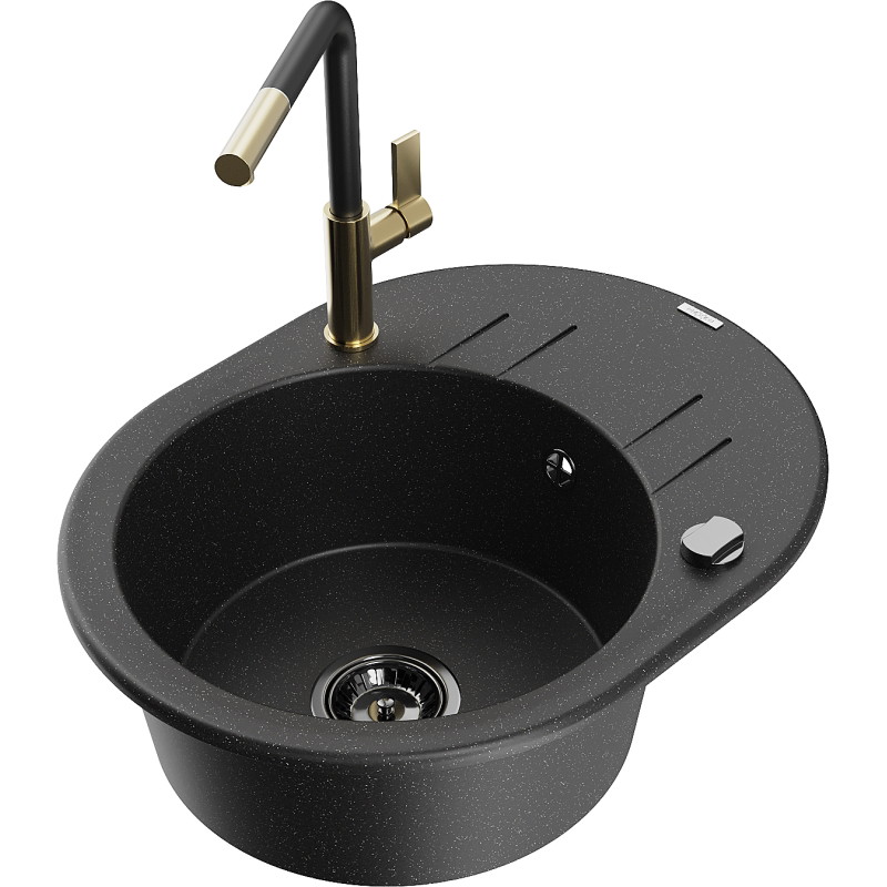 Mexen Kevin Granitspüle 1-Becken mit Abtropffläche und Küchenarmatur Flora, schwarz/silber metallic - 6517-73-670401-57-B