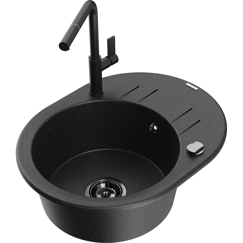 Mexen Kevin Granitspüle 1-becken mit Abtropffläche und Küchenarmatur Flora, schwarz/silber metallic - 6517-73-670401-70-B