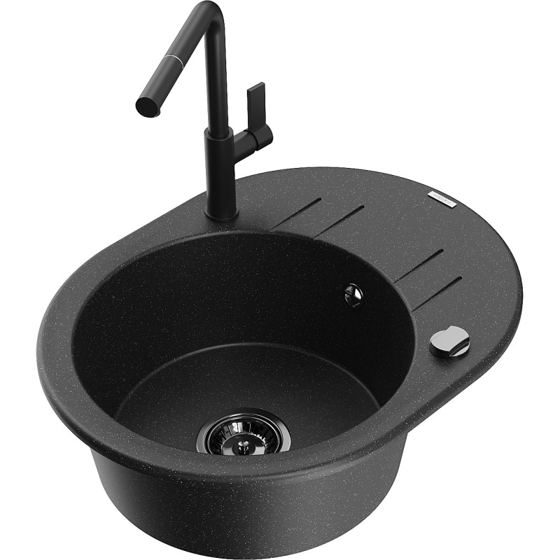 Mexen Kevin Granitspüle 1-beckig mit Abtropffläche und Küchenarmatur Flora, schwarz/silber metallisch - 6517-73-670401-70-B