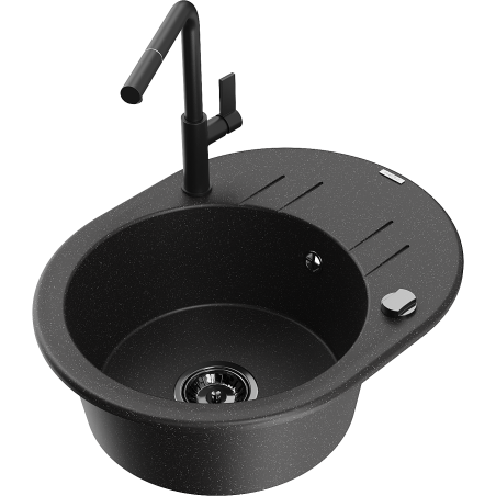 Mexen Kevin Granitspüle 1-becken mit Abtropffläche und Küchenarmatur Flora, schwarz/silber metallic - 6517-73-670401-70-B