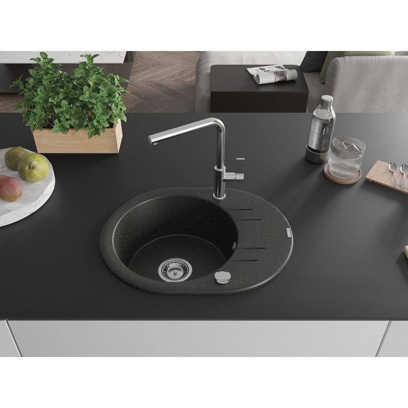 Mexen Kevin Granitspüle 1-Becken mit Abtropffläche und Küchenarmatur Flora, schwarz/gold metallic - 6517-75-670401-00