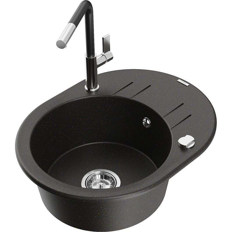 Mexen Kevin 1-Becken Granitspüle mit Abtropffläche und Küchenarmatur Flora, schwarz/goldener Metallic - 6517-75-670401-07