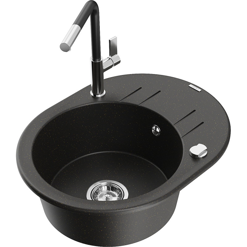 Mexen Kevin Granitspüle 1-Becken mit Abtropffläche und Küchenarmatur Flora, schwarz/gold metallik - 6517-75-670401-07
