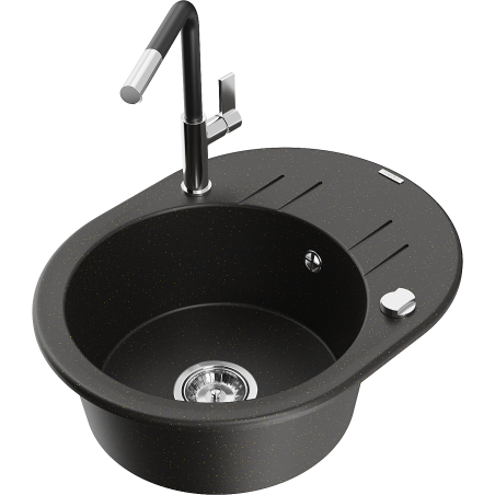 Mexen Kevin 1-Becken Granitspüle mit Abtropffläche und Küchenarmatur Flora, schwarz/goldener Metallic - 6517-75-670401-07