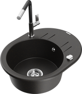Mexen Kevin 1-Becken Granitspüle mit Abtropffläche und Küchenarmatur Flora, schwarz/goldener Metallic - 6517-75-670401-07