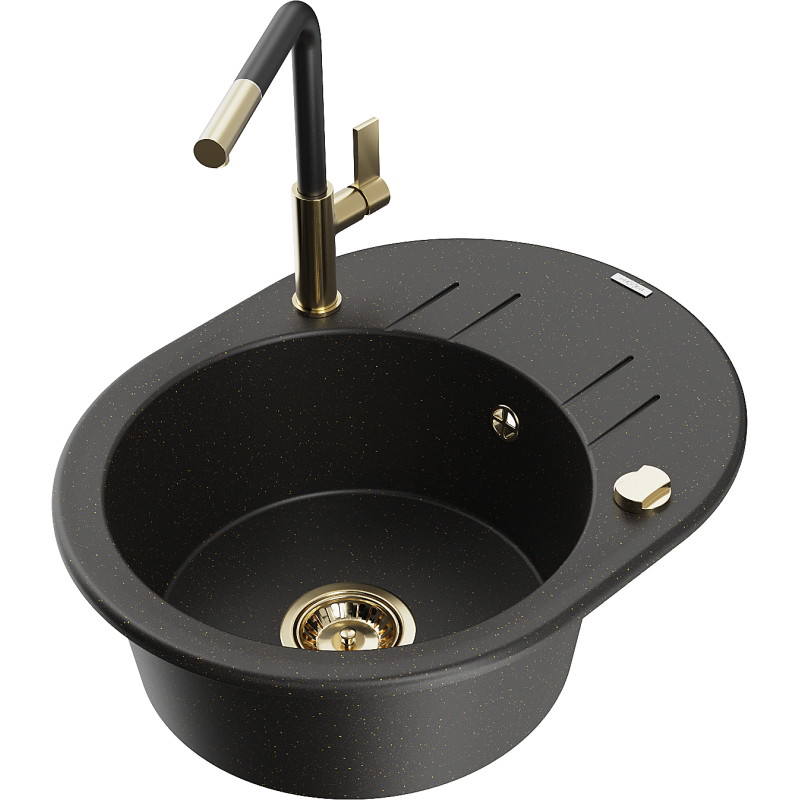 Mexen Kevin granitspüle mit 1 becken, abtropffläche und küchenarmatur Flora, schwarz/gold metallic - 6517-75-670401-57-G