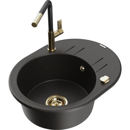 Mexen Kevin granitspüle mit 1 becken, abtropffläche und küchenarmatur Flora, schwarz/gold metallic - 6517-75-670401-57-G