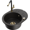 Mexen Kevin granitspüle mit 1 becken, abtropffläche und küchenarmatur Flora, schwarz/gold metallic - 6517-75-670401-57-G
