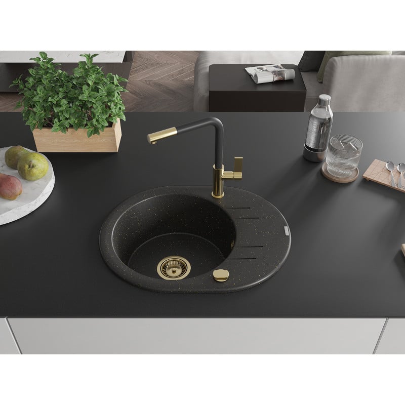 Mexen Kevin Granitspüle 1-beckig mit Abtropffläche und Küchenarmatur Flora, schwarz/goldener Metallic - 6517-75-670401-57-G