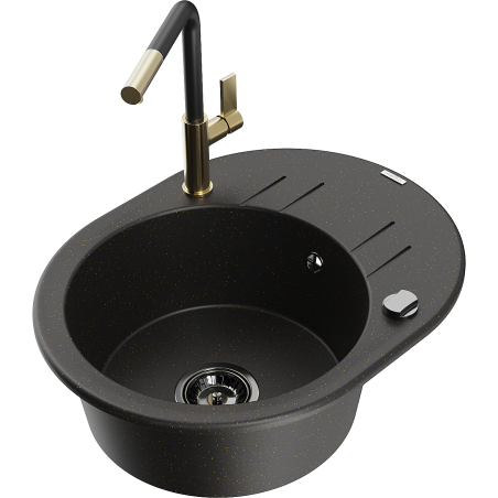 Mexen Kevin Granitspüle 1-Becken mit Abtropffläche und Küchenarmatur Flora, schwarz/gold metallic - 6517-75-670401-57-B