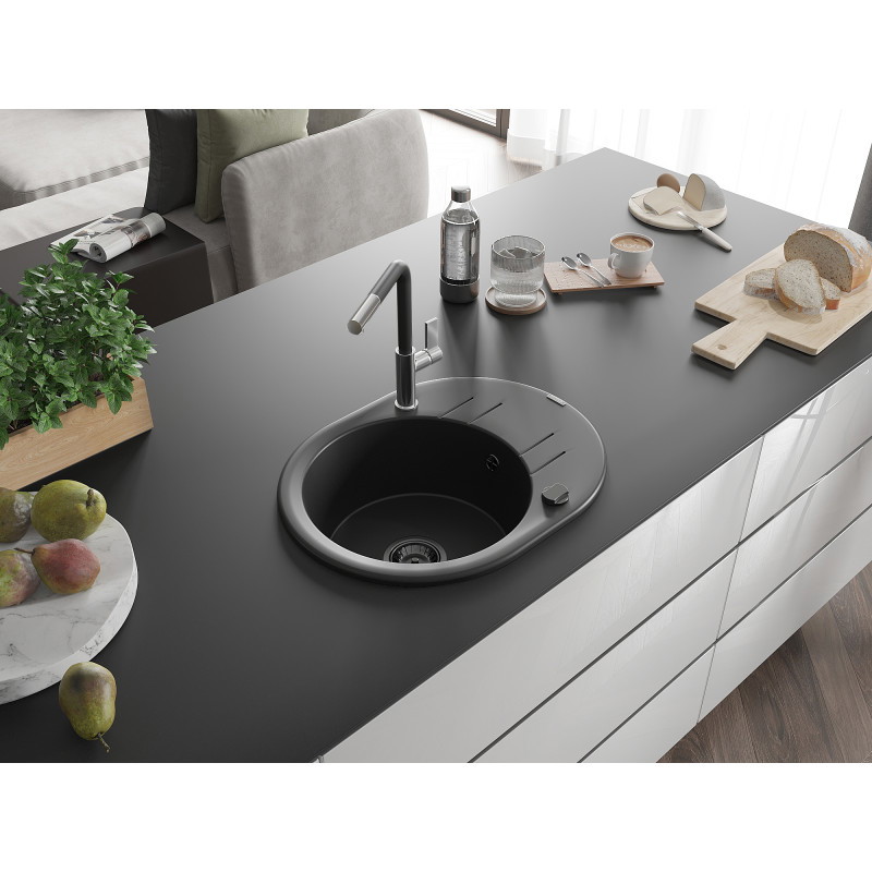 Mexen Kevin Granitspüle 1-beckig mit Abtropffläche und Küchenarmatur Flora, schwarz - 6517-77-670401-07-B