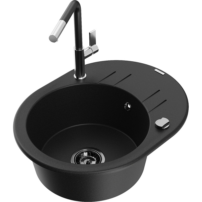 Mexen Kevin Granitspüle 1-Becken mit Abtropffläche und Küchenarmatur Flora, schwarz - 6517-77-670401-07-B