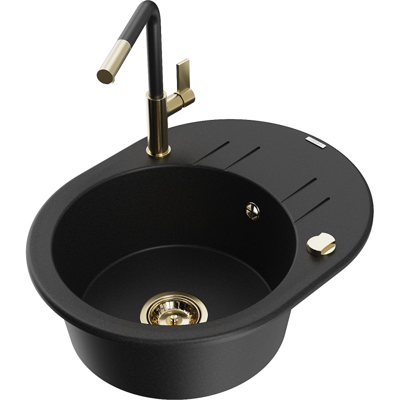 Mexen Kevin Granitspüle 1-becken mit Abtropffläche und Küchenarmatur Flora, schwarz - 6517-77-670401-57-G