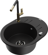 Mexen Kevin Granitspüle 1-Becken mit Abtropffläche und Küchenarmatur Flora, schwarz - 6517-77-670401-57-B