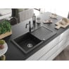 Mexen Leo Granitspüle 1-Becken mit Abtropffläche und Küchenarmatur Carla, schwarz/silber Metallic - 6501-73-670700-70
