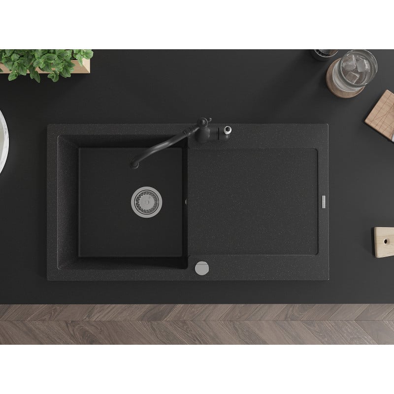 Mexen Leo Granitspüle 1-Becken mit Abtropffläche und Küchenarmatur Carla, schwarz/silber Metallic - 6501-73-670700-70