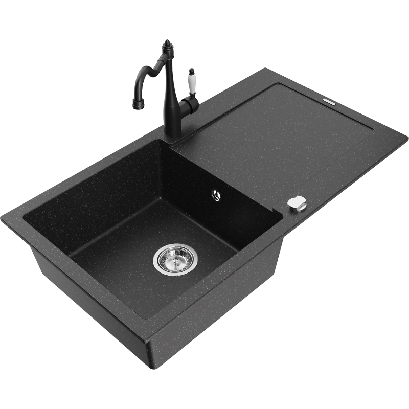 Mexen Leo Granitspüle 1-Becken mit Abtropffläche und Küchenarmatur Carla, schwarz/silber Metallic - 6501-73-670700-70