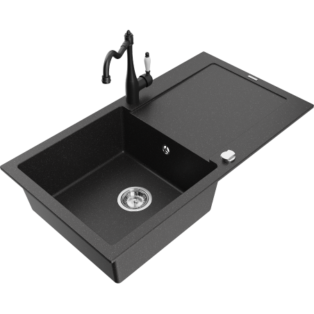 Mexen Leo Granitspüle 1-Becken mit Abtropffläche und Küchenarmatur Carla, schwarz/silber Metallic - 6501-73-670700-70